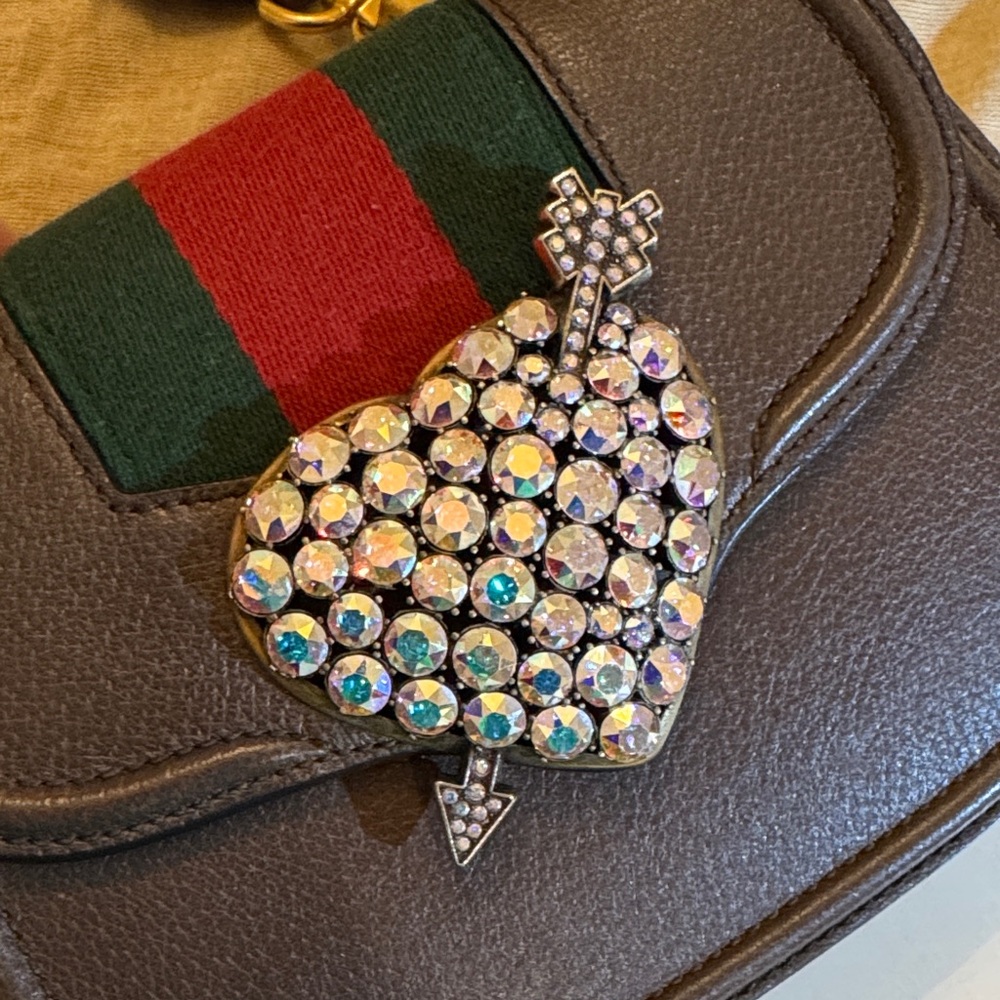 Gucci Totem Crystal Heart Brown Leather Crossbody with Two Straps - Picture 6 of 13